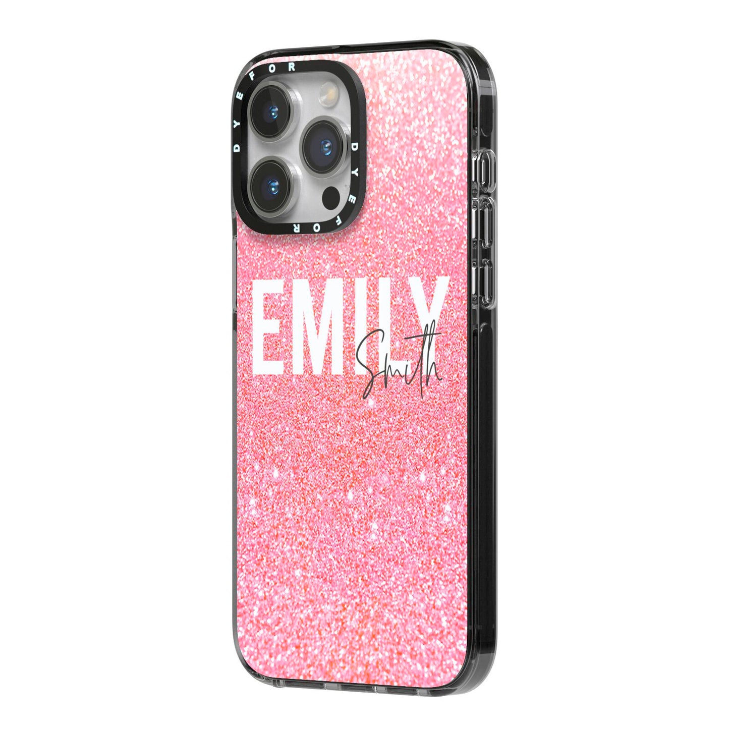 Personalised Pink Glitter White Name iPhone 14 Pro Max Black Impact Case Side Angle on Silver phone