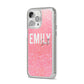 Personalised Pink Glitter White Name iPhone 14 Pro Max Clear Tough Case Silver Angled Image