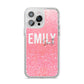 Personalised Pink Glitter White Name iPhone 14 Pro Max Clear Tough Case Silver
