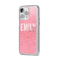 Personalised Pink Glitter White Name iPhone 14 Pro Max Glitter Tough Case Silver Angled Image