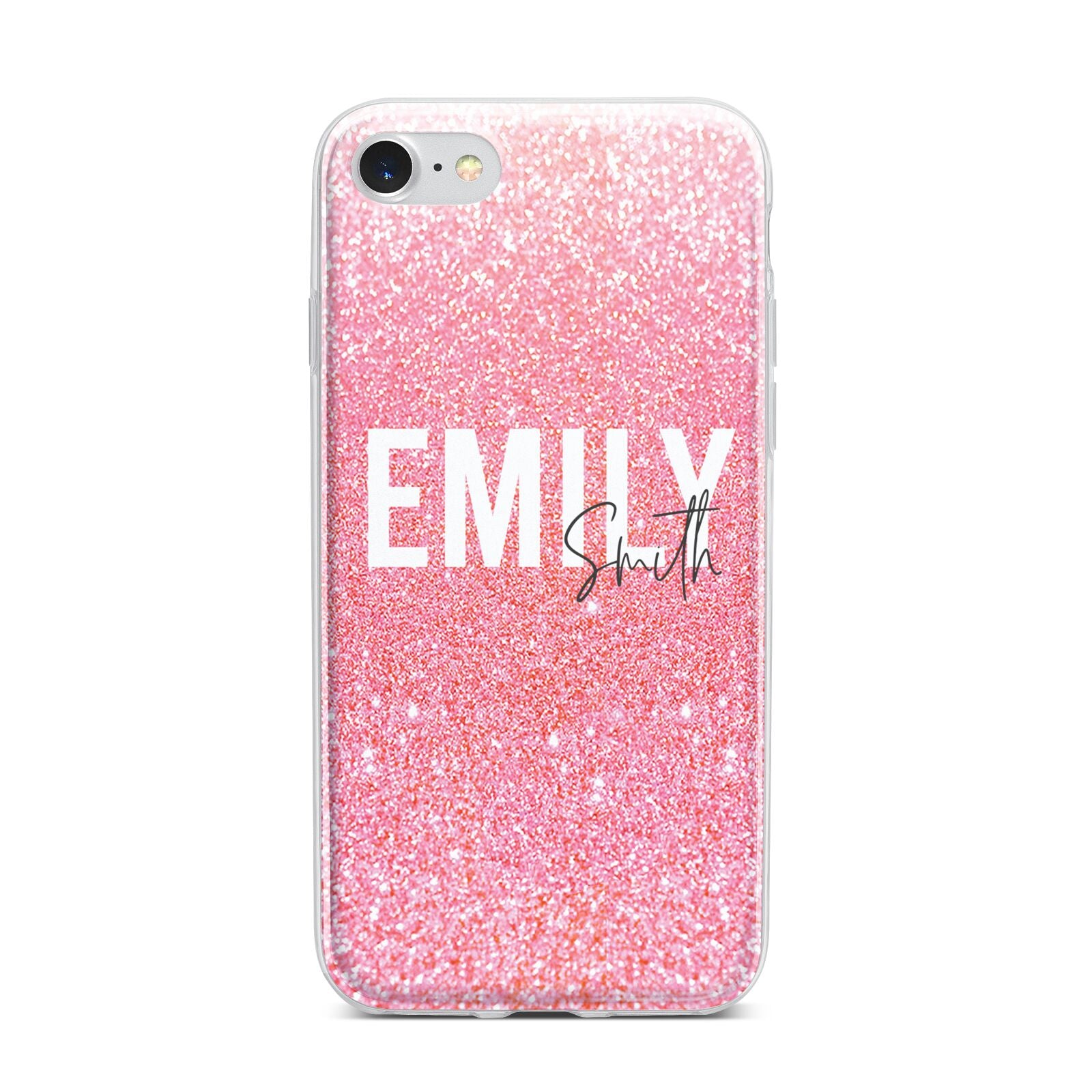 Personalised Pink Glitter White Name iPhone 7 Bumper Case on Silver iPhone