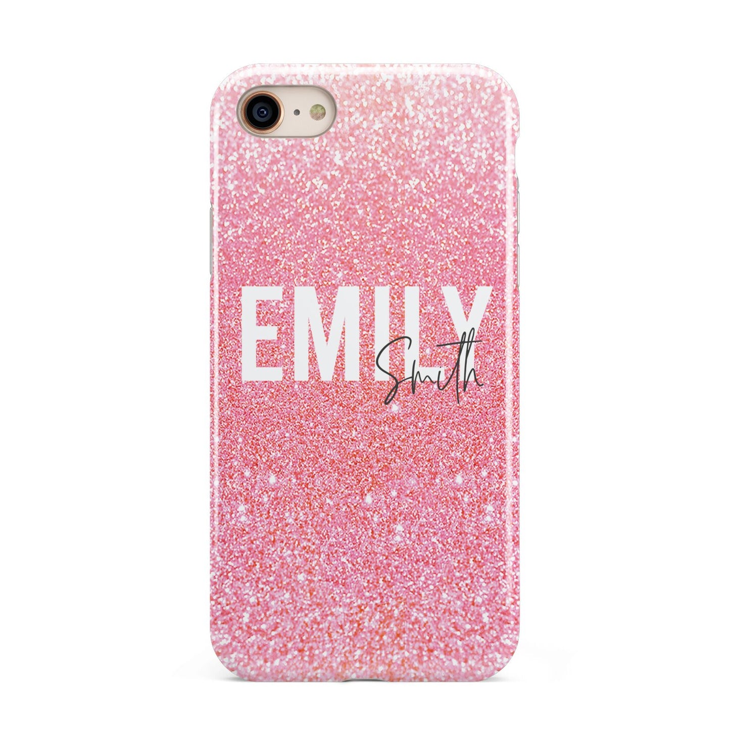 Personalised Pink Glitter White Name iPhone 8 3D Tough Case on Gold Phone