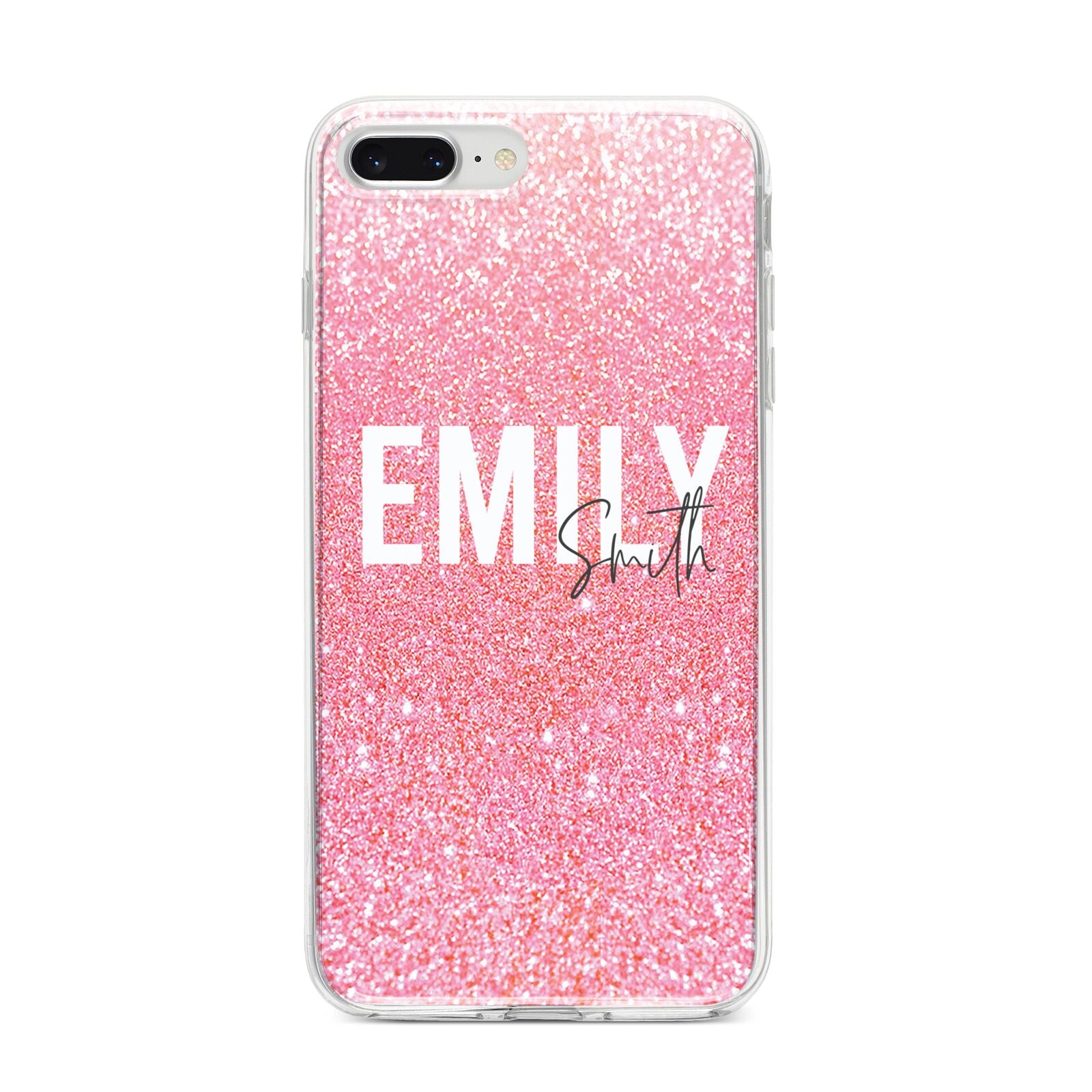Personalised Pink Glitter White Name iPhone 8 Plus Bumper Case on Silver iPhone