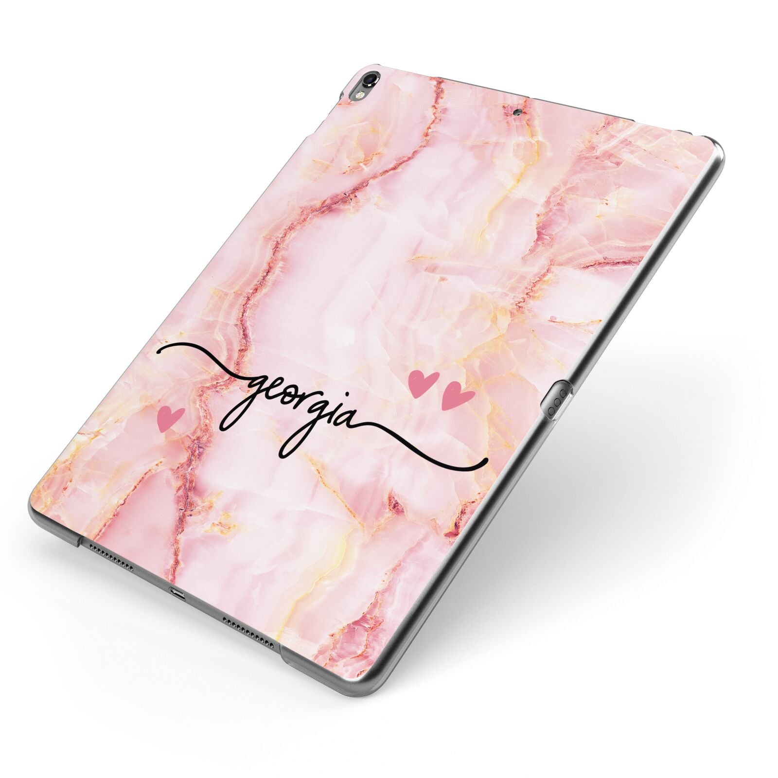 Personalised Pink Gold Agate Handwriting Text Apple iPad Case on Grey iPad Side View
