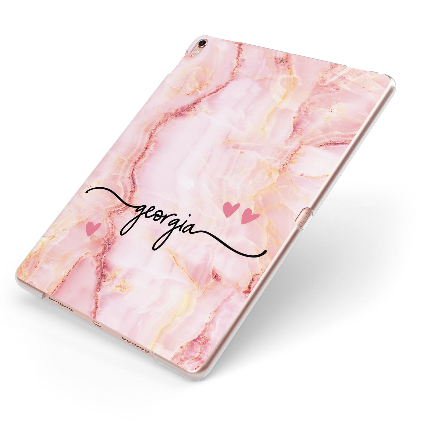 Personalised Pink Gold Agate Handwriting Text Apple iPad Case on Rose Gold iPad Side View