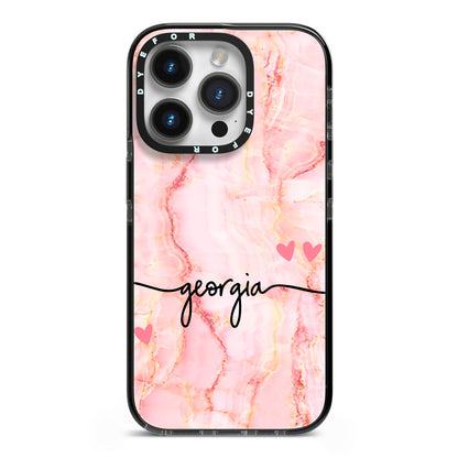 Personalised Pink Gold Agate Handwriting Text iPhone 14 Pro Black Impact Case on Silver phone
