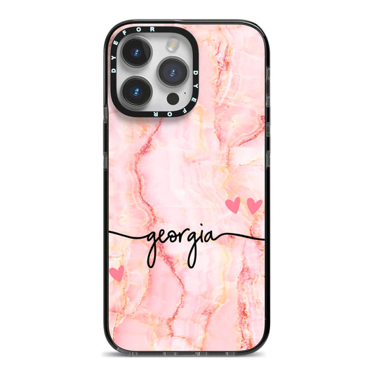 Personalised Pink Gold Agate Handwriting Text iPhone 14 Pro Max Black Impact Case on Silver phone