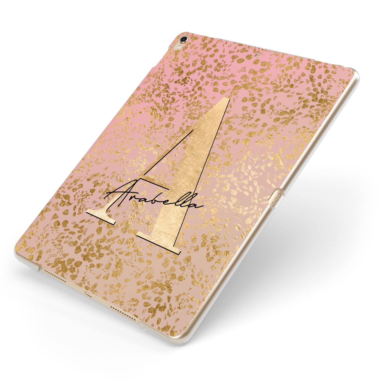 Personalised Pink Gold Cheetah Apple iPad Case on Gold iPad Side View