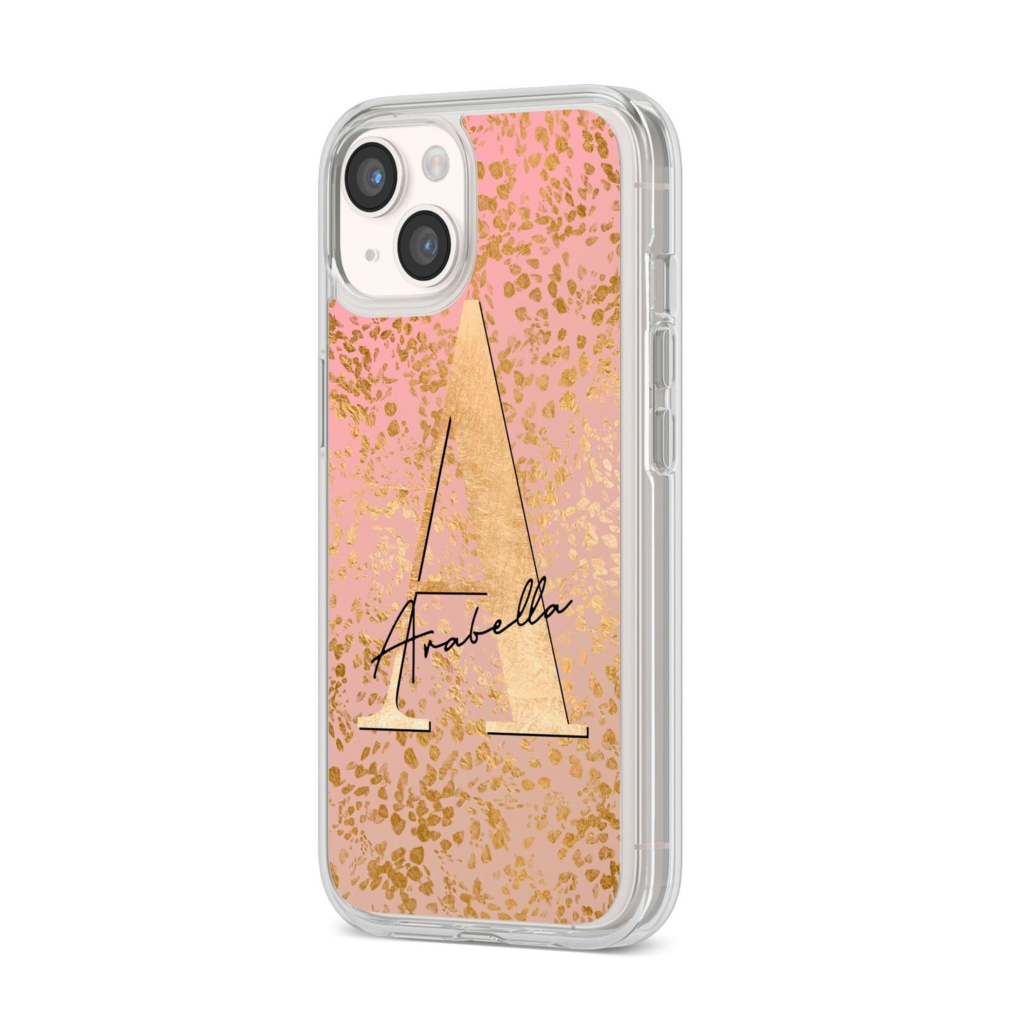 Personalised Pink Gold Cheetah iPhone 14 Clear Tough Case Starlight Angled Image