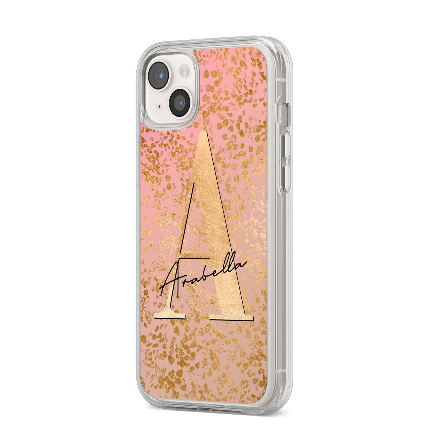 Personalised Pink Gold Cheetah iPhone 14 Plus Clear Tough Case Starlight Angled Image