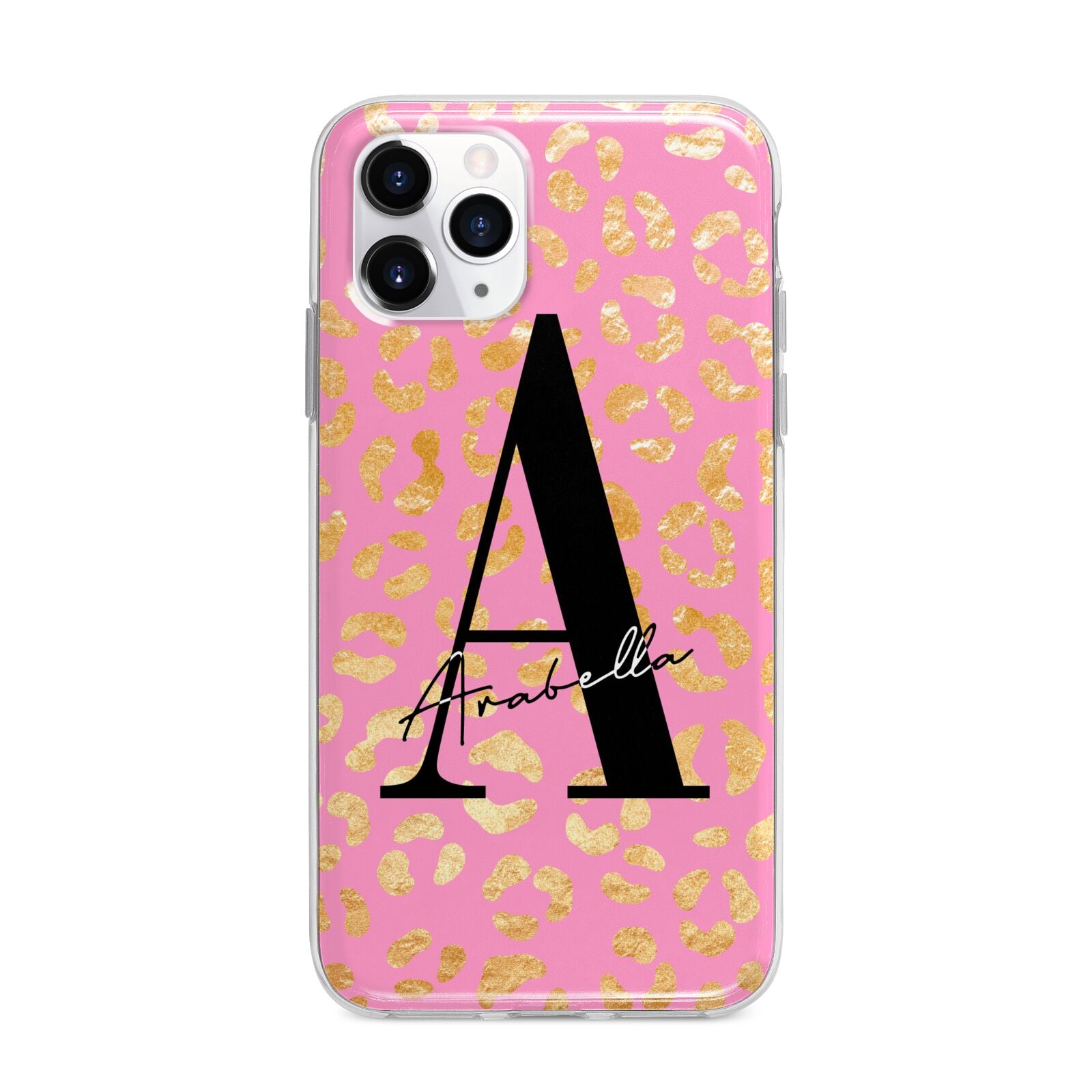 Personalised Pink Gold Leopard Print Apple iPhone 11 Pro Max in Silver with Bumper Case