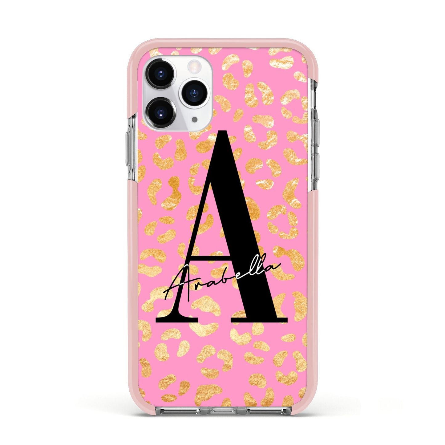 Personalised Pink Gold Leopard Print Apple iPhone 11 Pro in Silver with Pink Impact Case