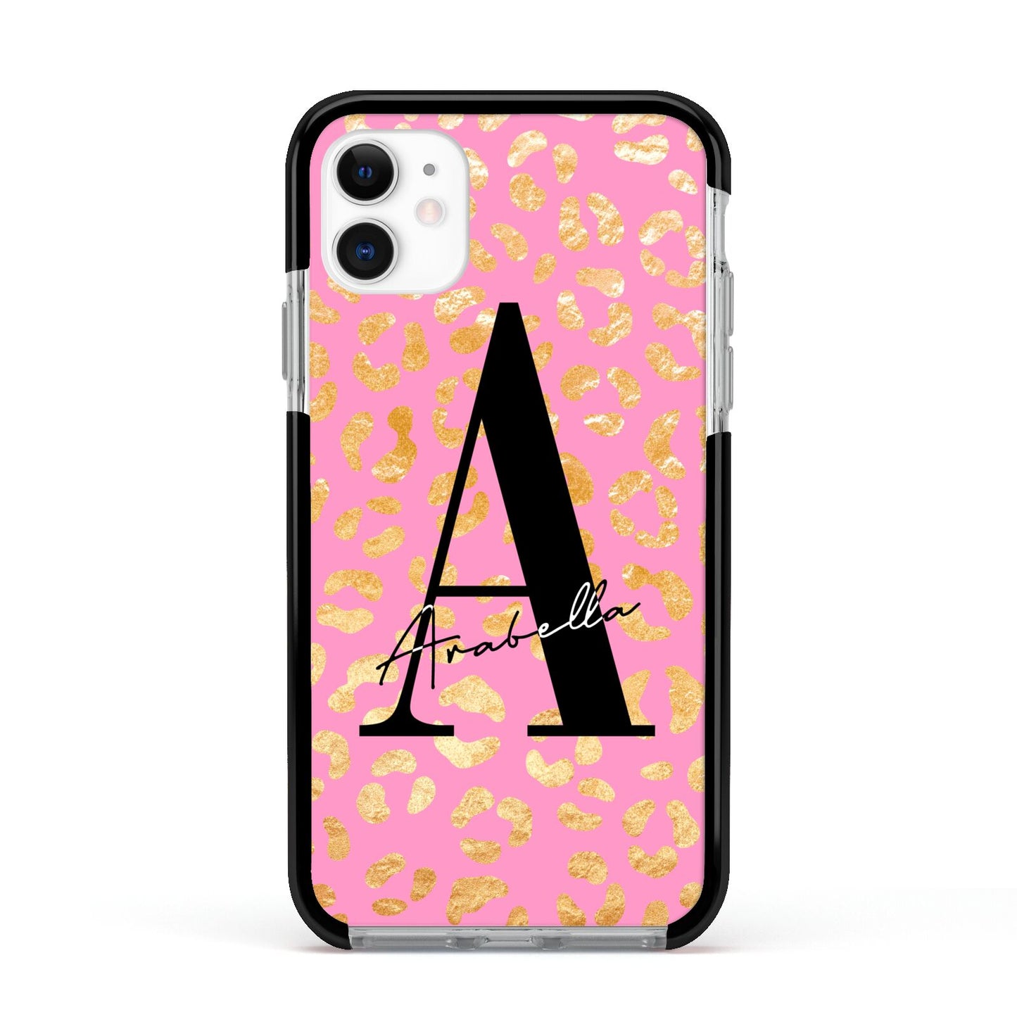 Personalised Pink Gold Leopard Print Apple iPhone 11 in White with Black Impact Case