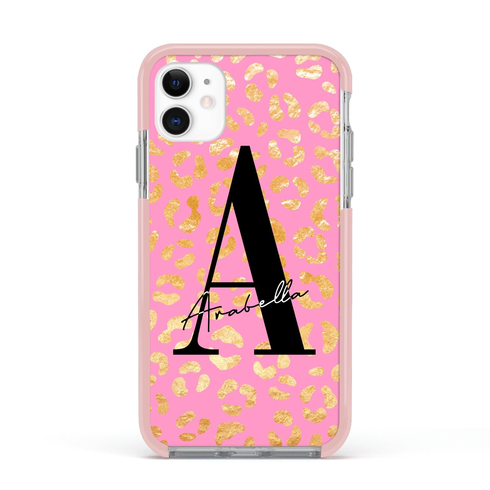 Personalised Pink Gold Leopard Print Apple iPhone 11 in White with Pink Impact Case