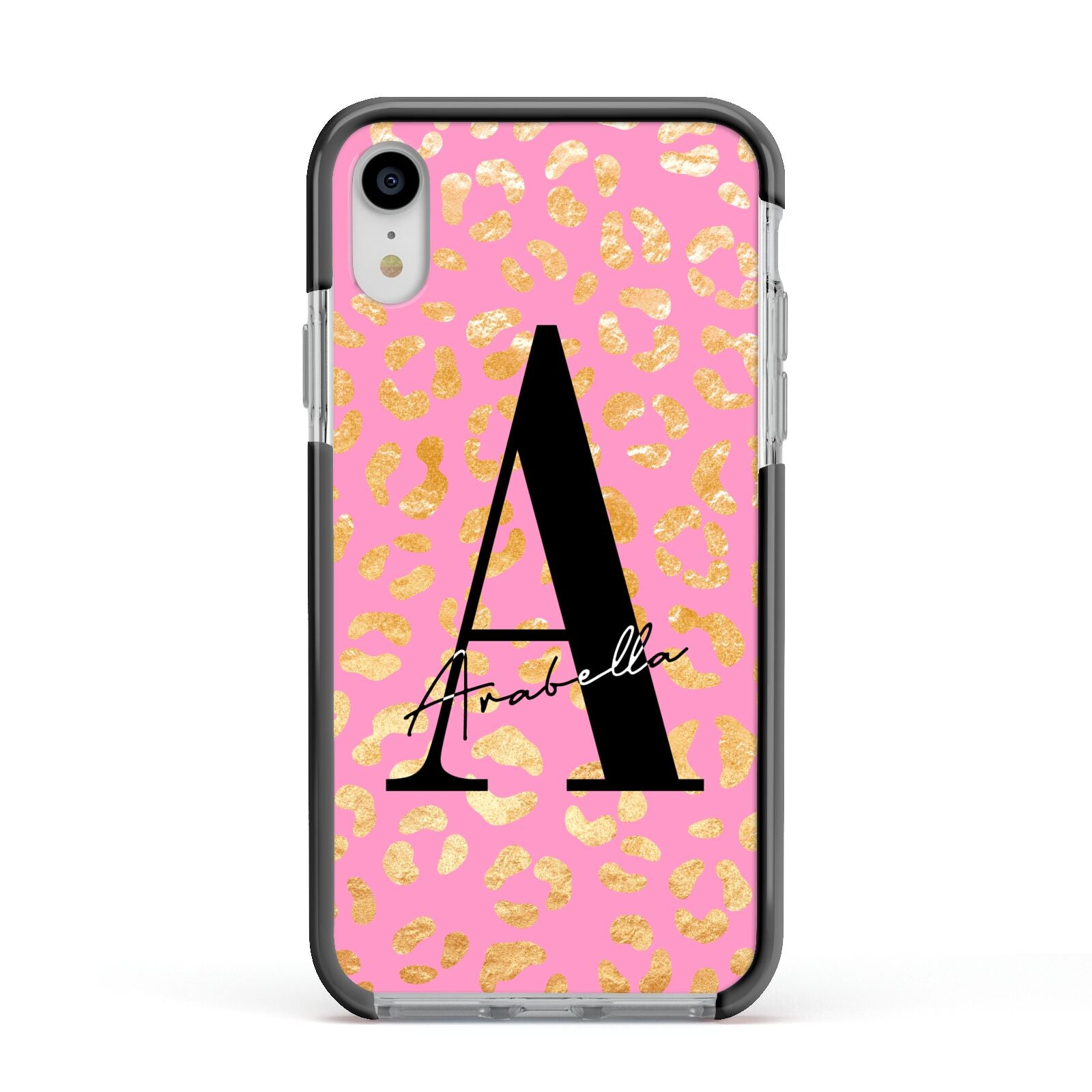 Personalised Pink Gold Leopard Print Apple iPhone XR Impact Case Black Edge on Silver Phone