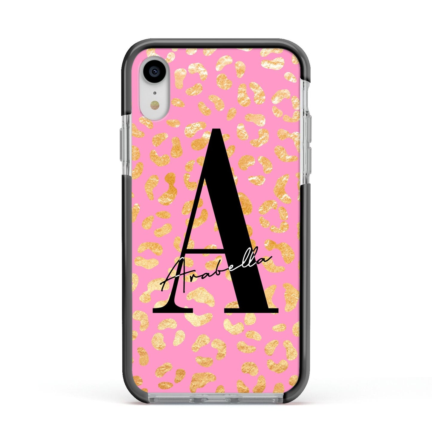 Personalised Pink Gold Leopard Print Apple iPhone XR Impact Case Black Edge on Silver Phone