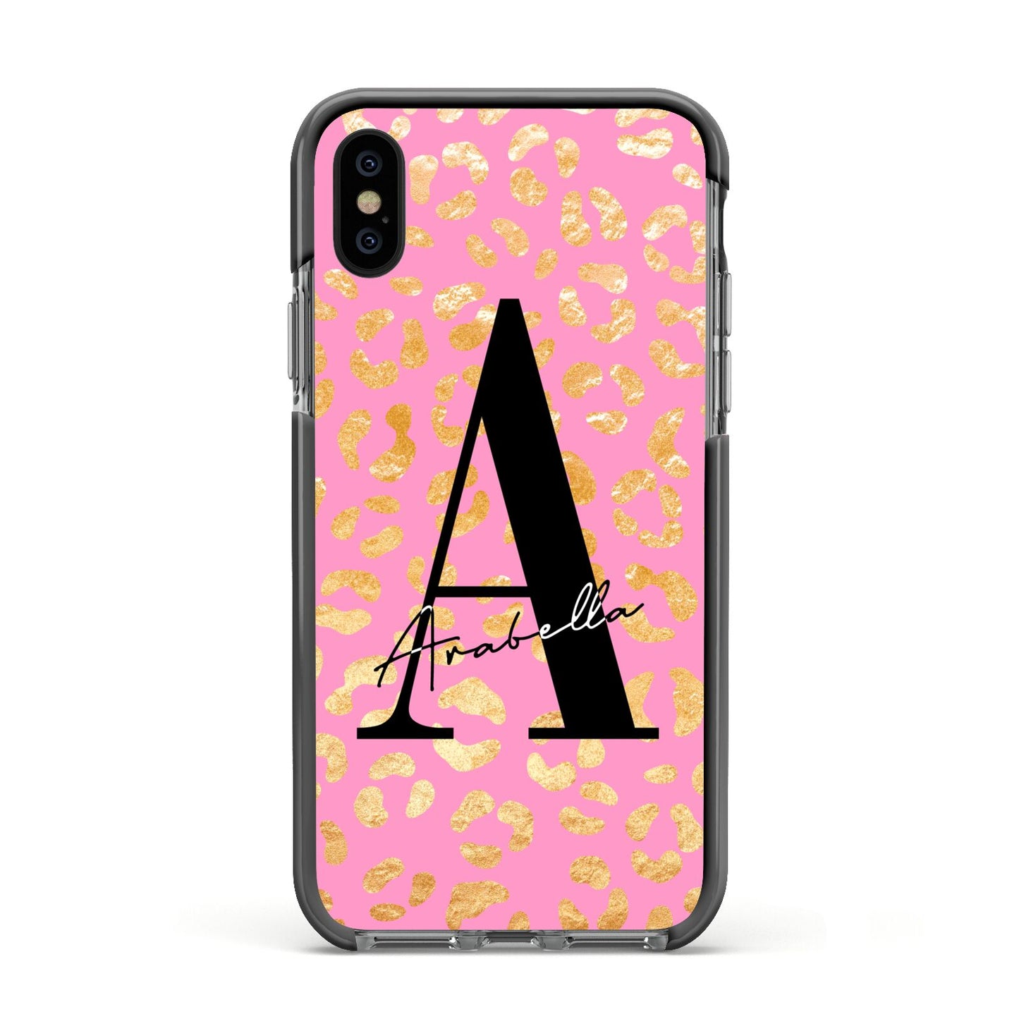 Personalised Pink Gold Leopard Print Apple iPhone Xs Impact Case Black Edge on Black Phone