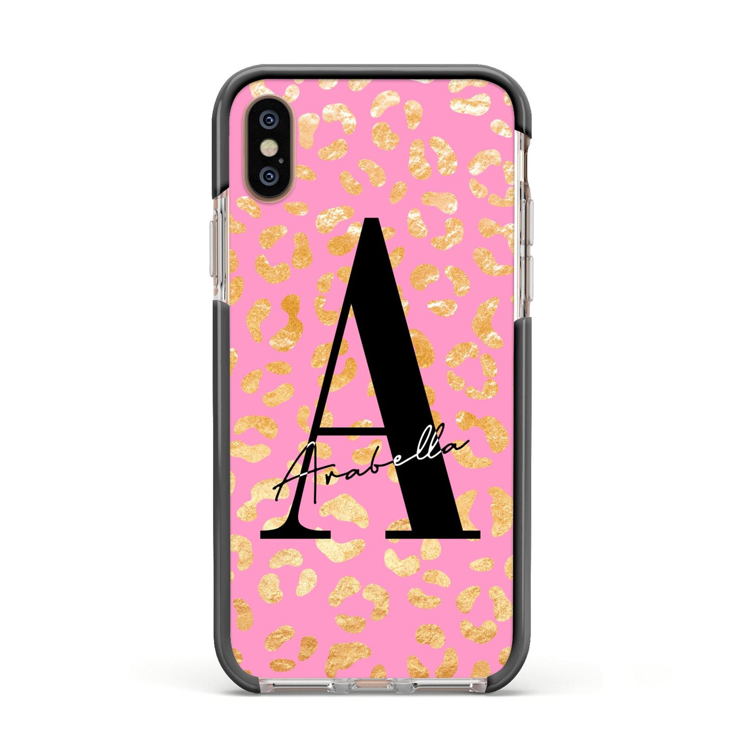 Personalised Pink Gold Leopard Print Apple iPhone Xs Impact Case Black Edge on Gold Phone