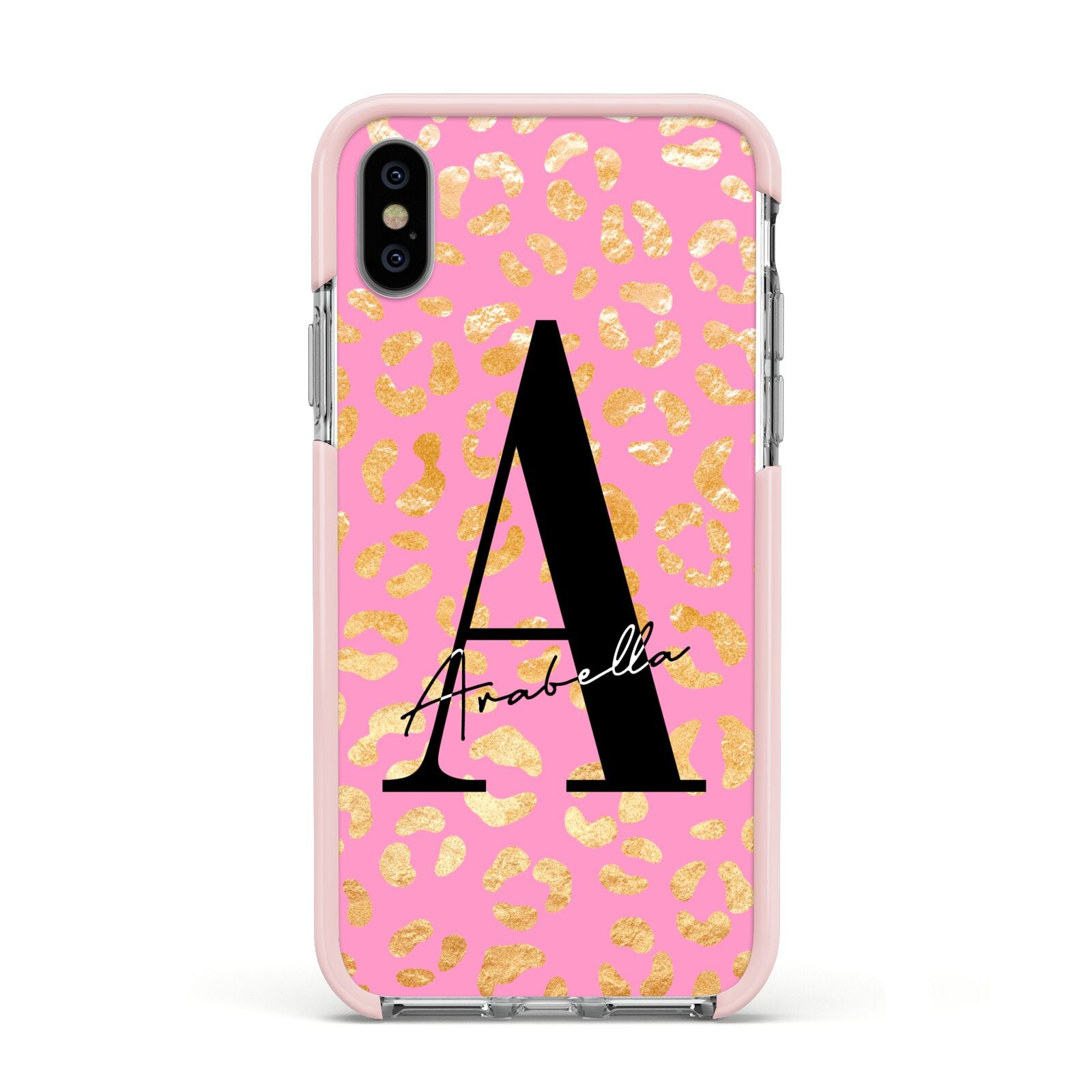 Personalised Pink Gold Leopard Print Apple iPhone Xs Impact Case Pink Edge on Silver Phone