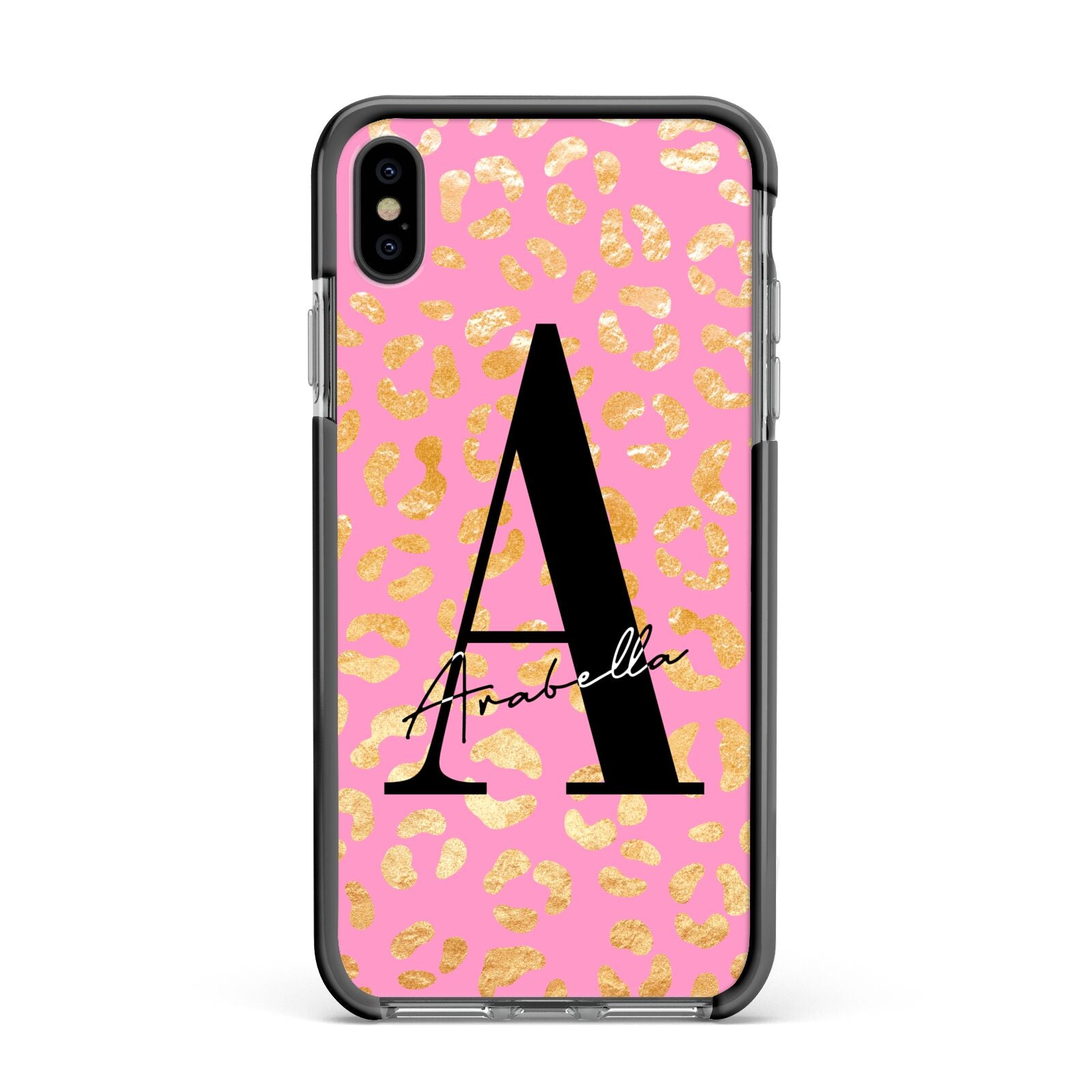 Personalised Pink Gold Leopard Print Apple iPhone Xs Max Impact Case Black Edge on Black Phone