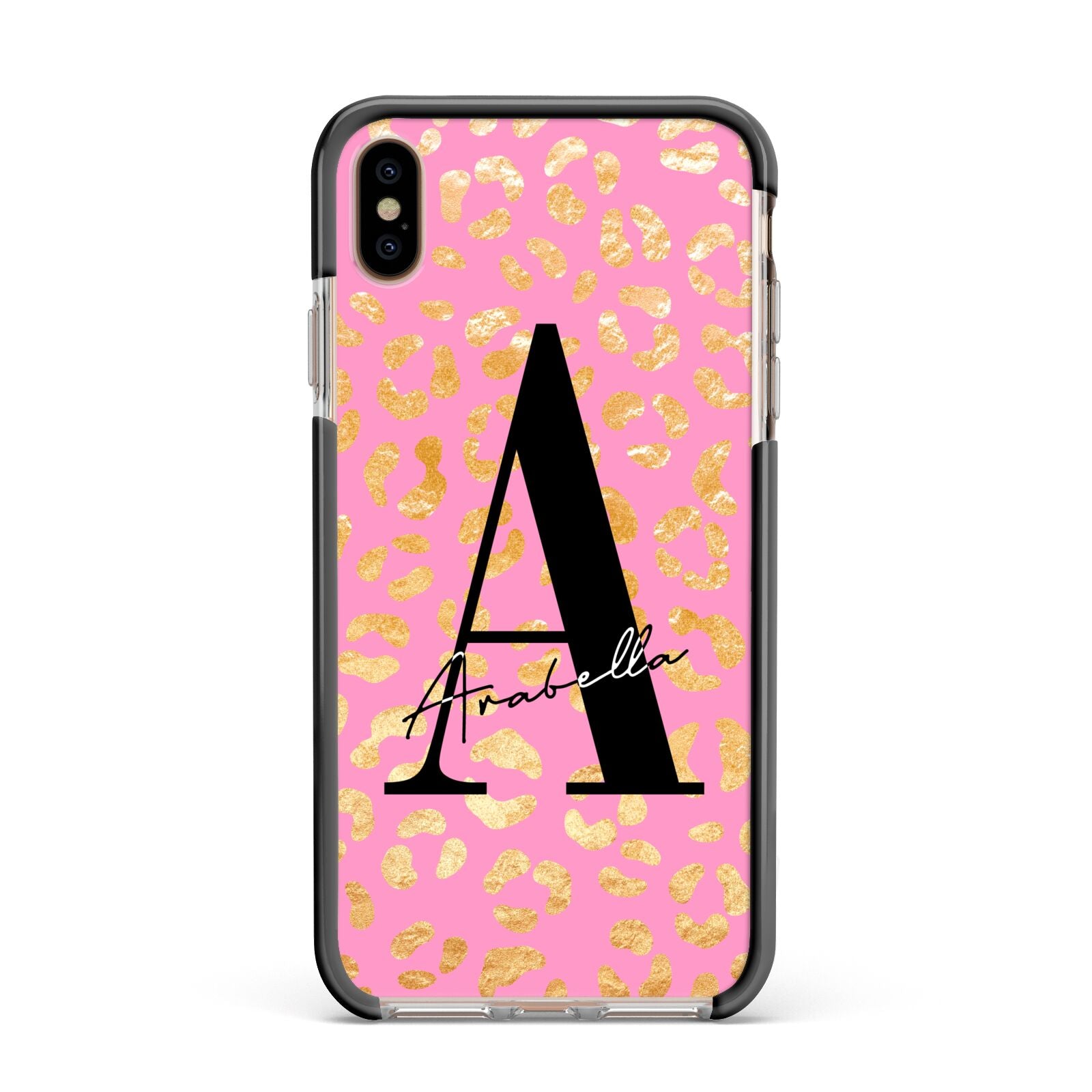 Personalised Pink Gold Leopard Print Apple iPhone Xs Max Impact Case Black Edge on Gold Phone