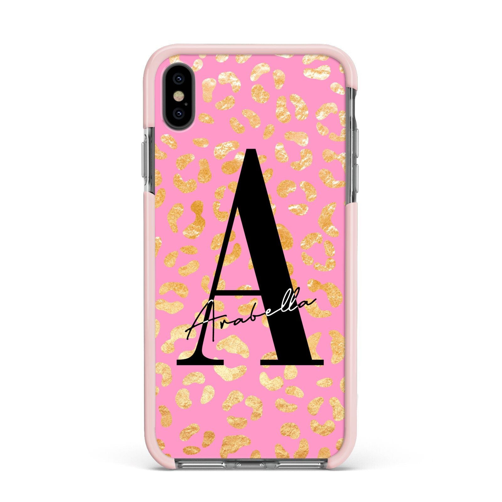 Personalised Pink Gold Leopard Print Apple iPhone Xs Max Impact Case Pink Edge on Black Phone