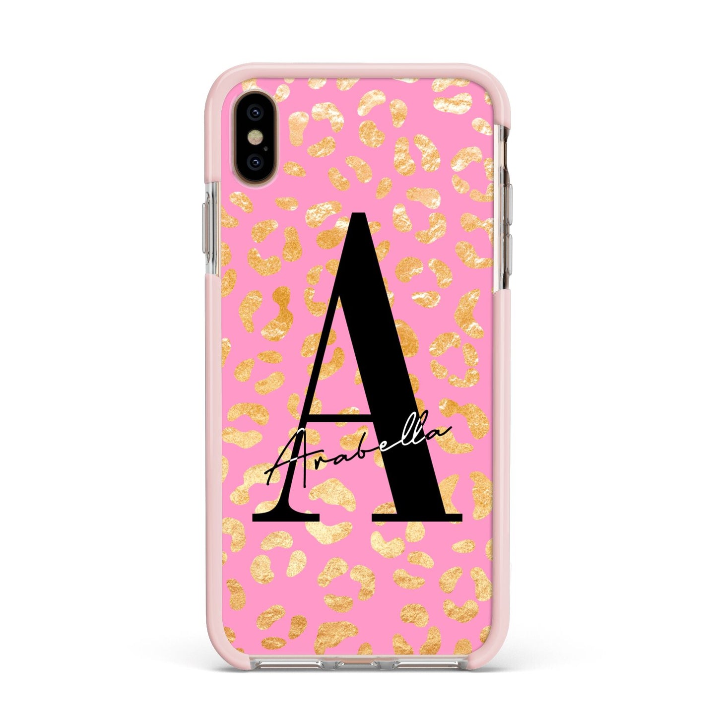 Personalised Pink Gold Leopard Print Apple iPhone Xs Max Impact Case Pink Edge on Gold Phone