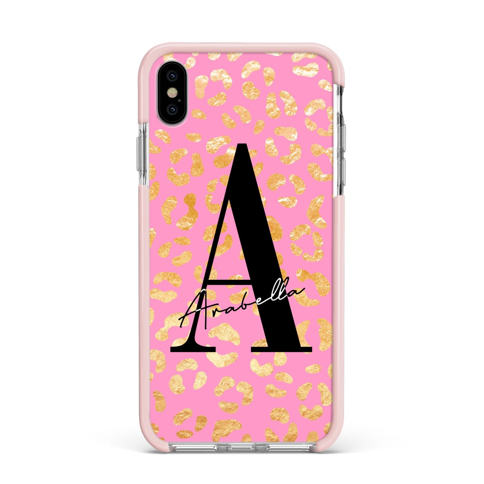 Personalised Pink Gold Leopard Print Apple iPhone Xs Max Impact Case Pink Edge on Silver Phone