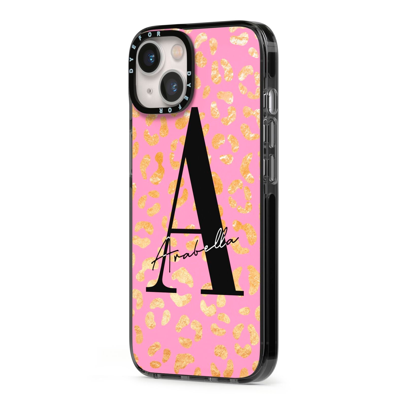 Personalised Pink Gold Leopard Print iPhone 13 Black Impact Case Side Angle on Silver phone