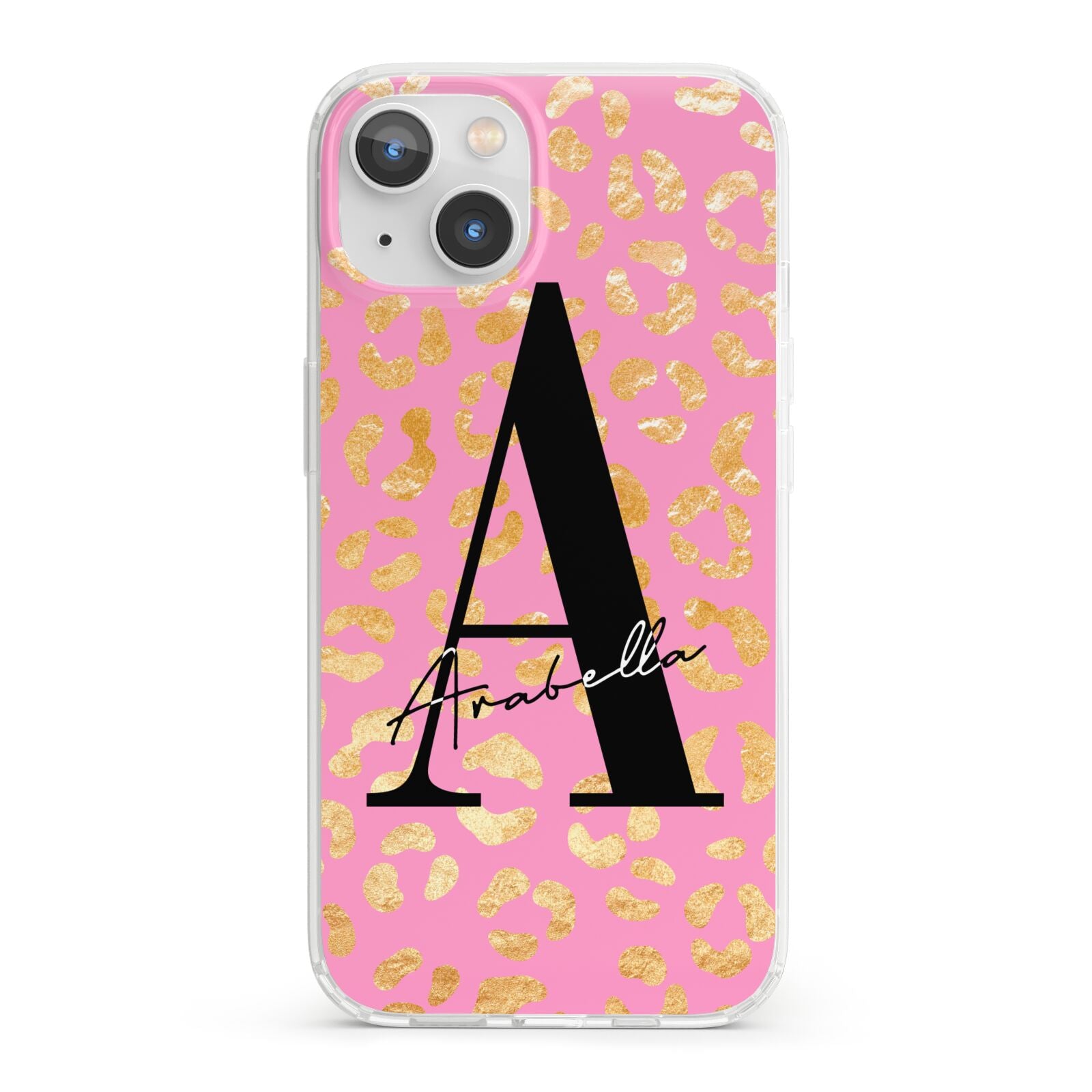 Personalised Pink Gold Leopard Print iPhone 13 Clear Bumper Case