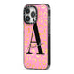Personalised Pink Gold Leopard Print iPhone 13 Pro Black Impact Case Side Angle on Silver phone