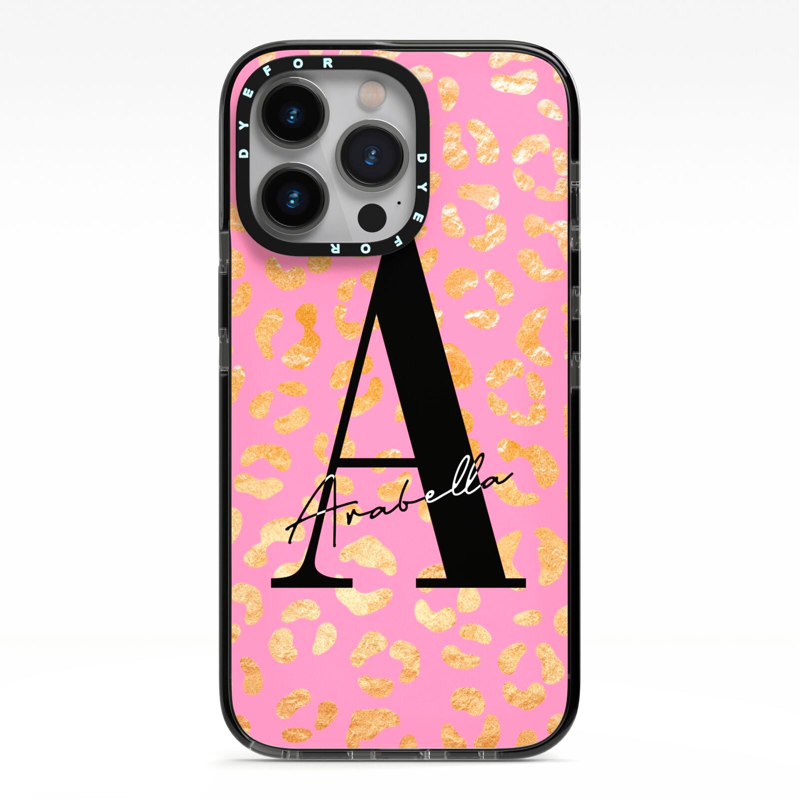 Personalised Pink Gold Leopard Print iPhone 13 Pro Black Impact Case on Silver phone