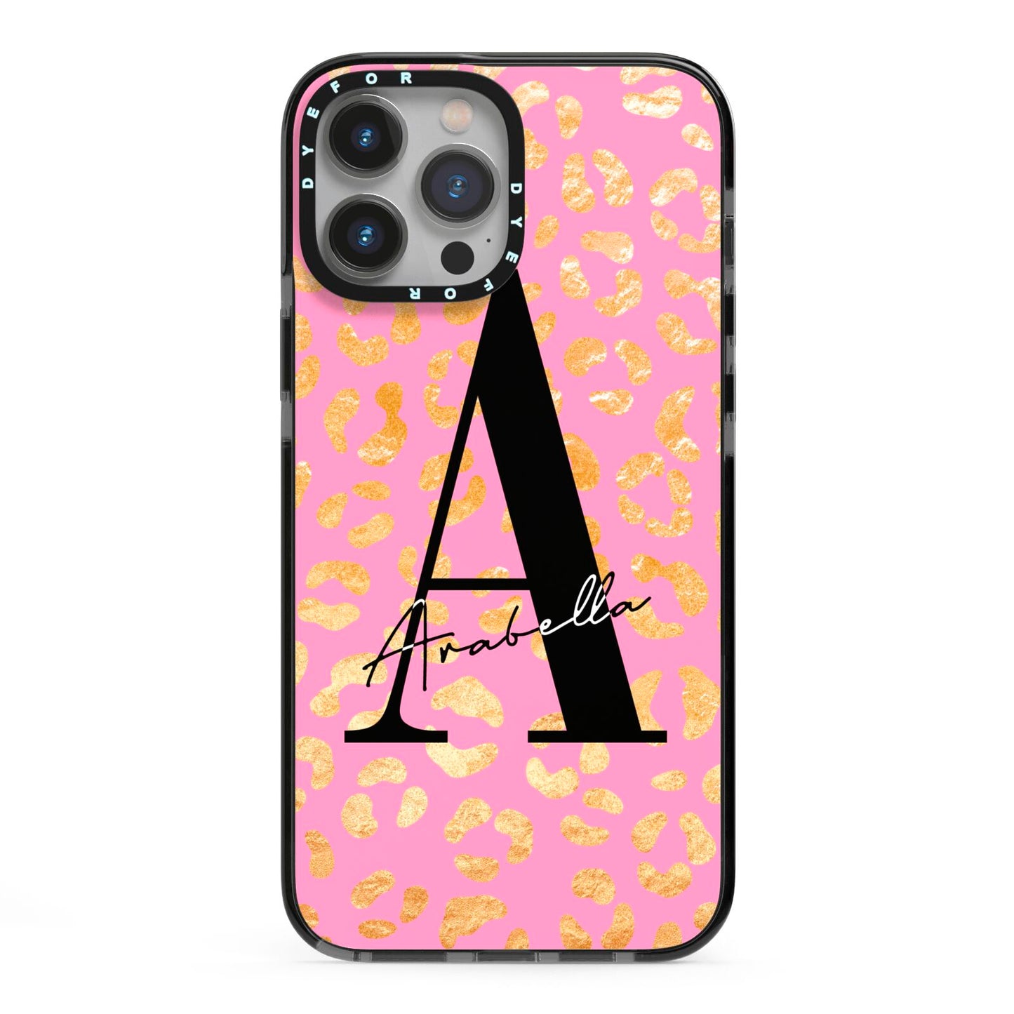 Personalised Pink Gold Leopard Print iPhone 13 Pro Max Black Impact Case on Silver phone
