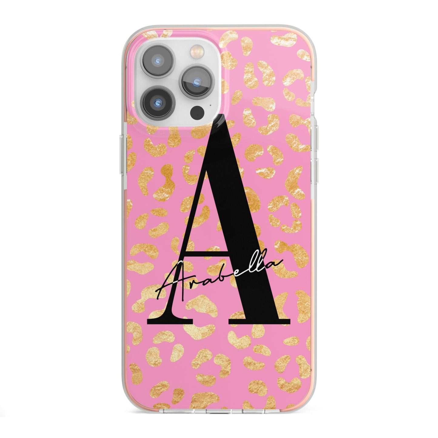 Personalised Pink Gold Leopard Print iPhone 13 Pro Max TPU Impact Case with Pink Edges
