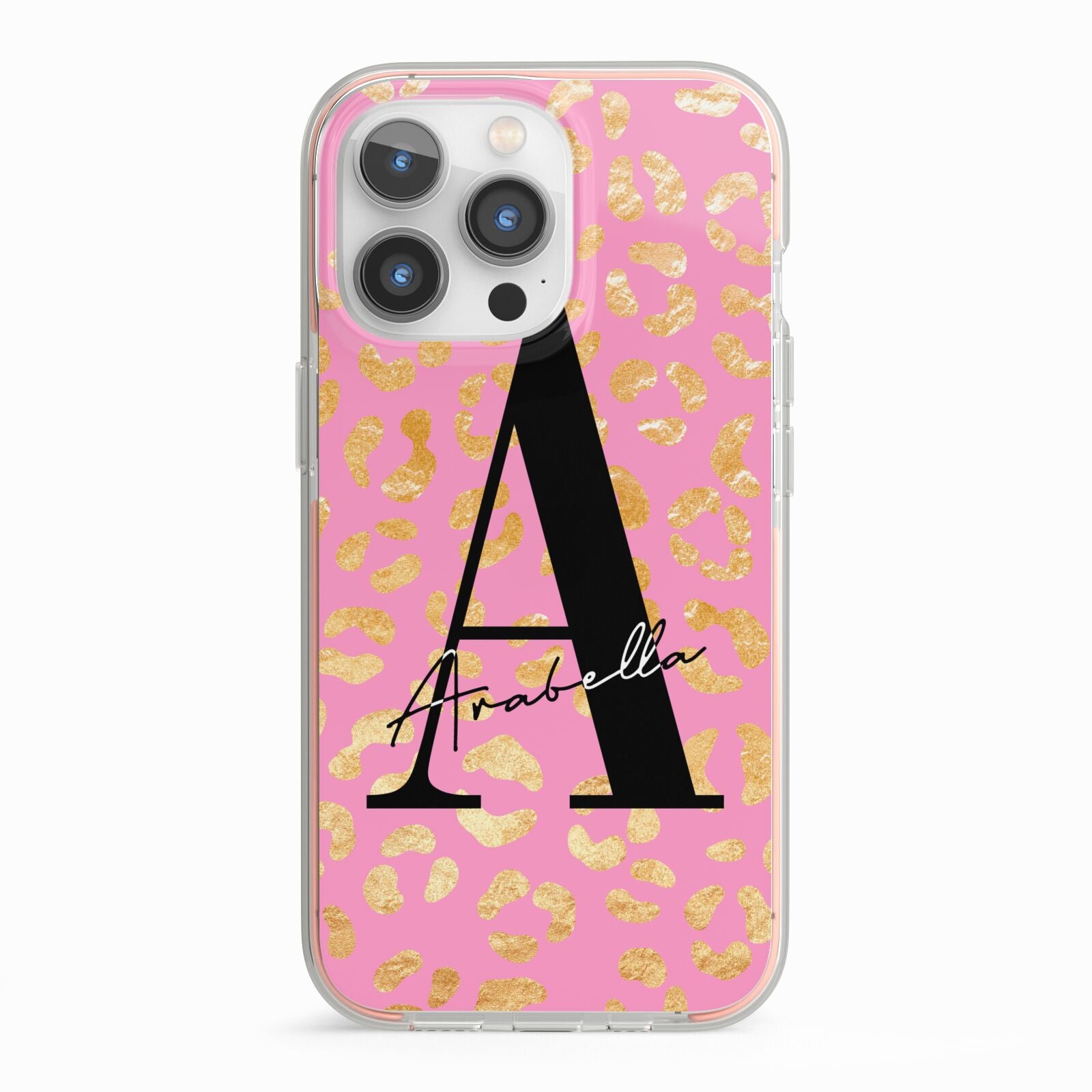 Personalised Pink Gold Leopard Print iPhone 13 Pro TPU Impact Case with Pink Edges