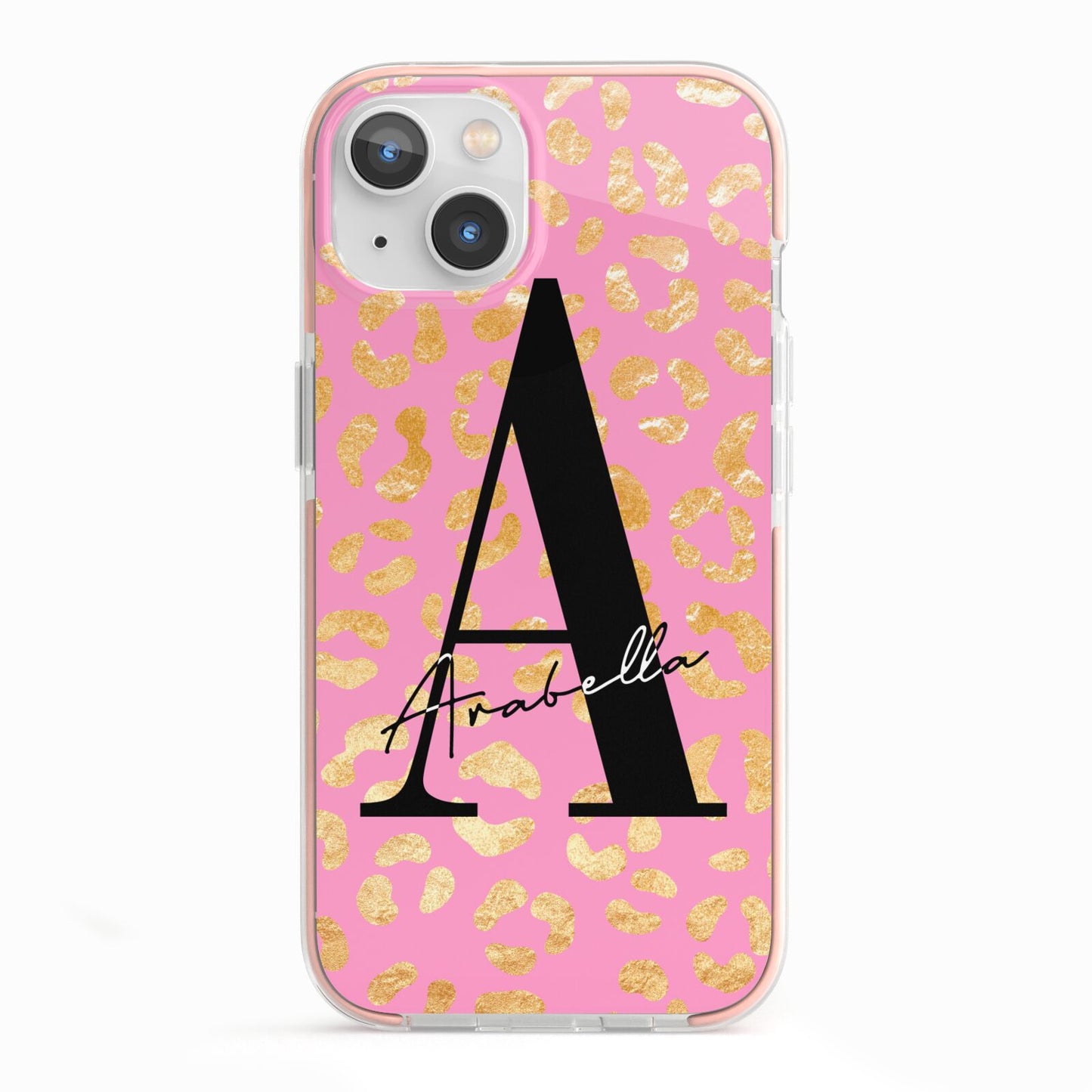 Personalised Pink Gold Leopard Print iPhone 13 TPU Impact Case with Pink Edges