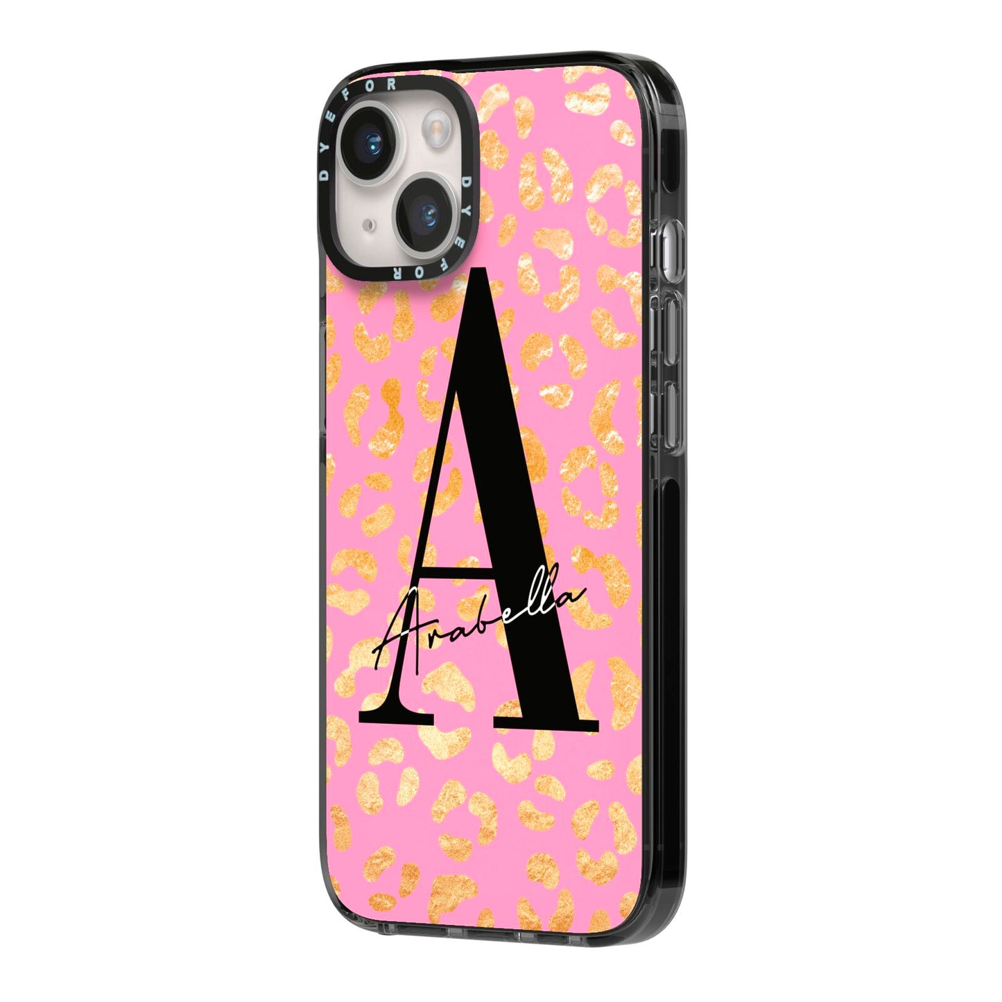 Personalised Pink Gold Leopard Print iPhone 14 Black Impact Case Side Angle on Silver phone