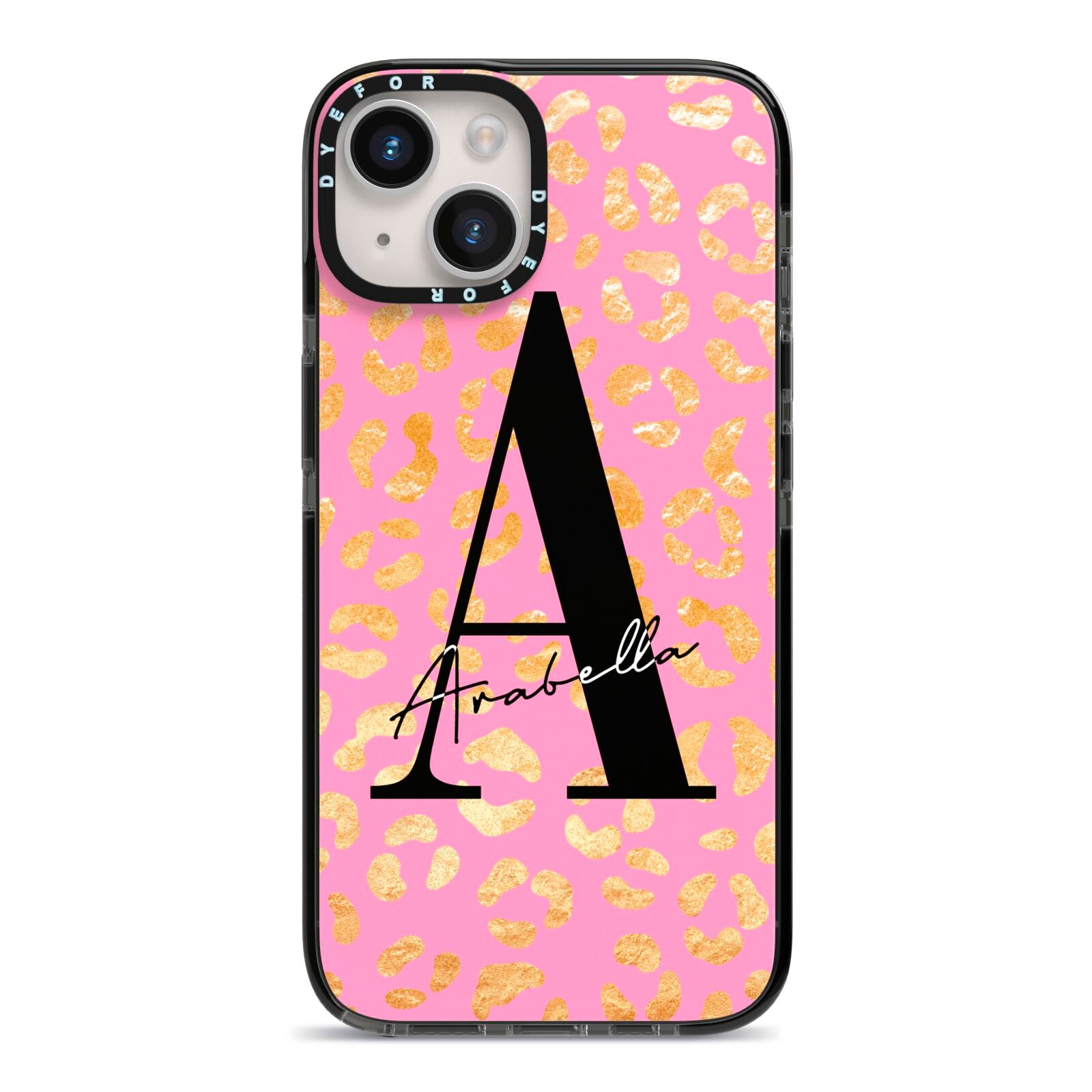 Personalised Pink Gold Leopard Print iPhone 14 Black Impact Case on Silver phone
