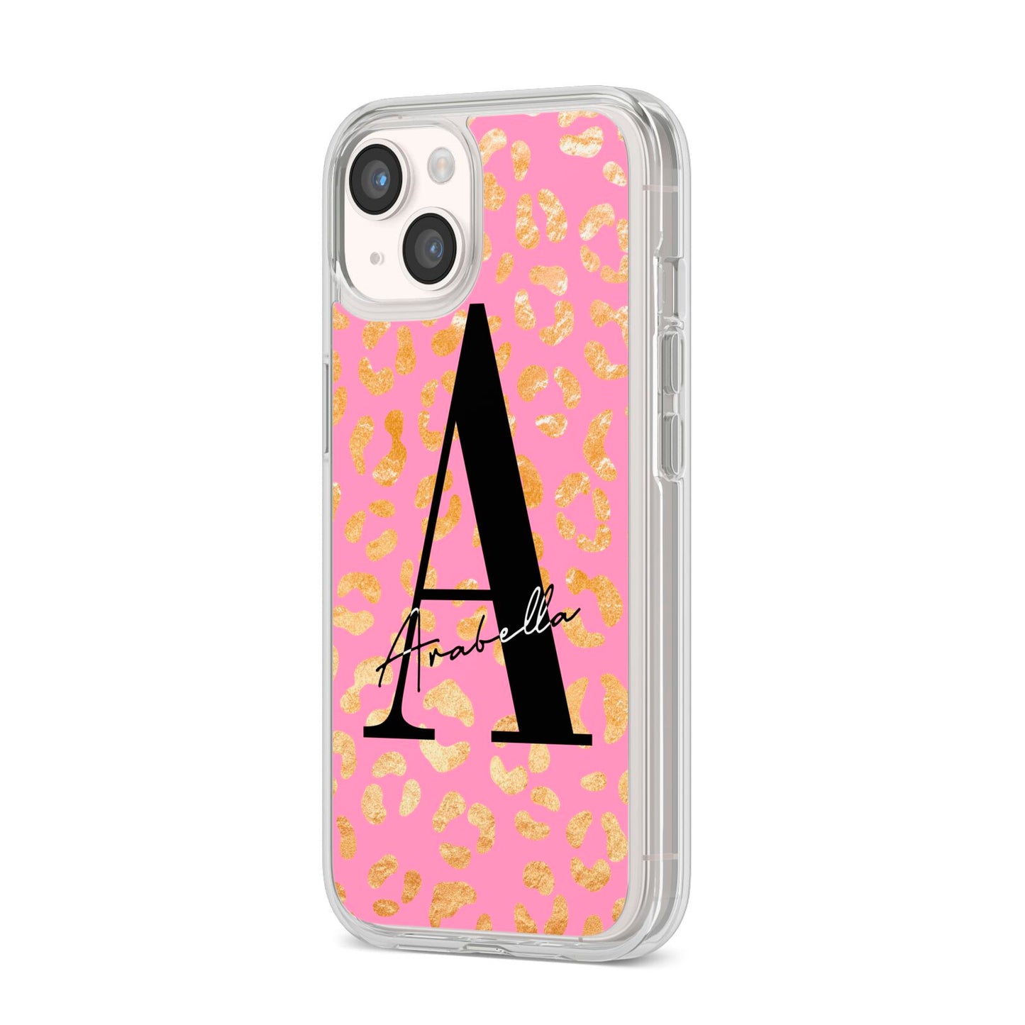 Personalised Pink Gold Leopard Print iPhone 14 Clear Tough Case Starlight Angled Image