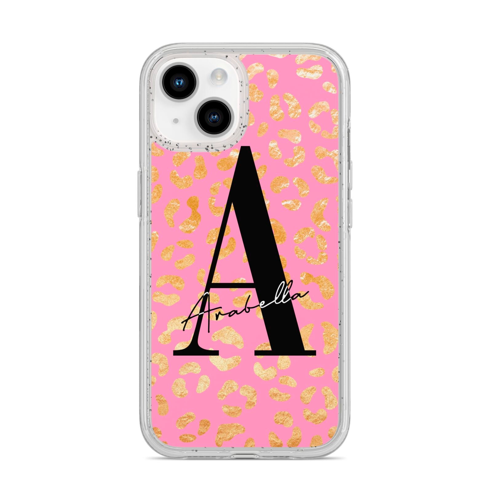 Personalised Pink Gold Leopard Print iPhone 14 Glitter Tough Case Starlight