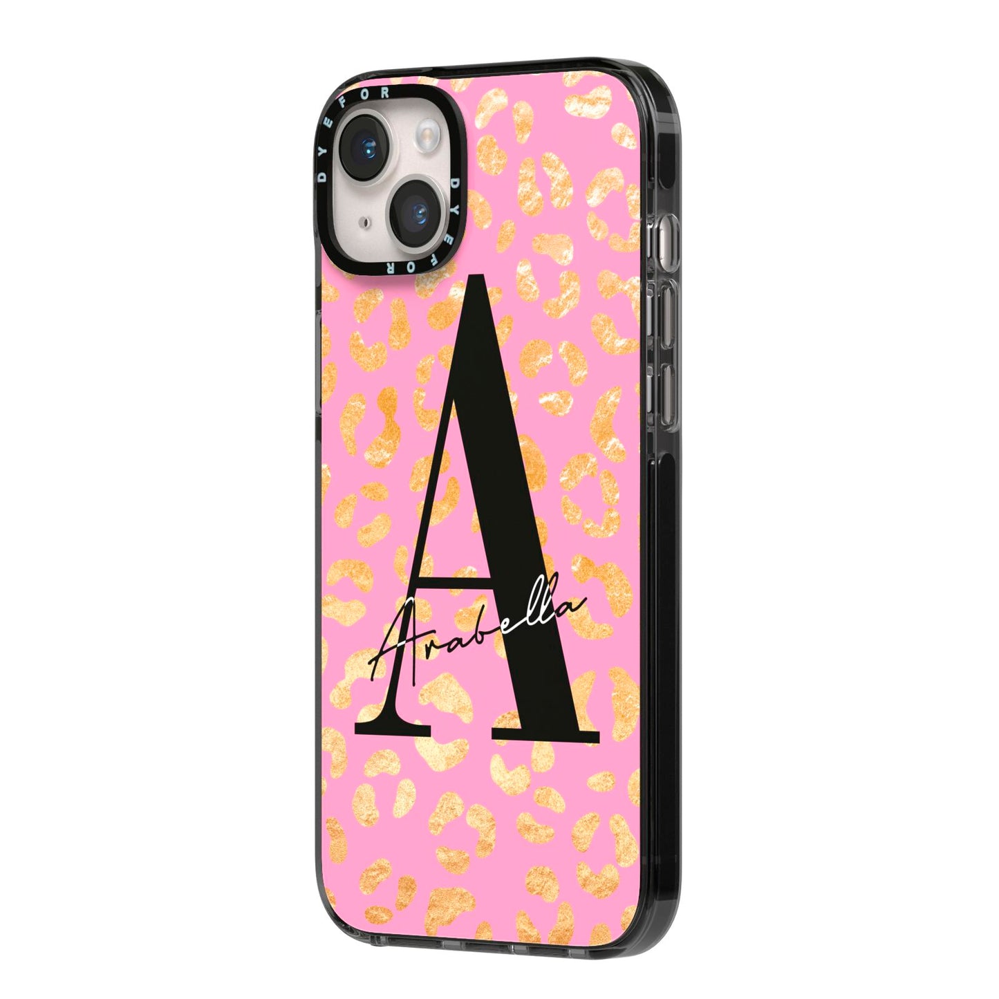 Personalised Pink Gold Leopard Print iPhone 14 Plus Black Impact Case Side Angle on Silver phone