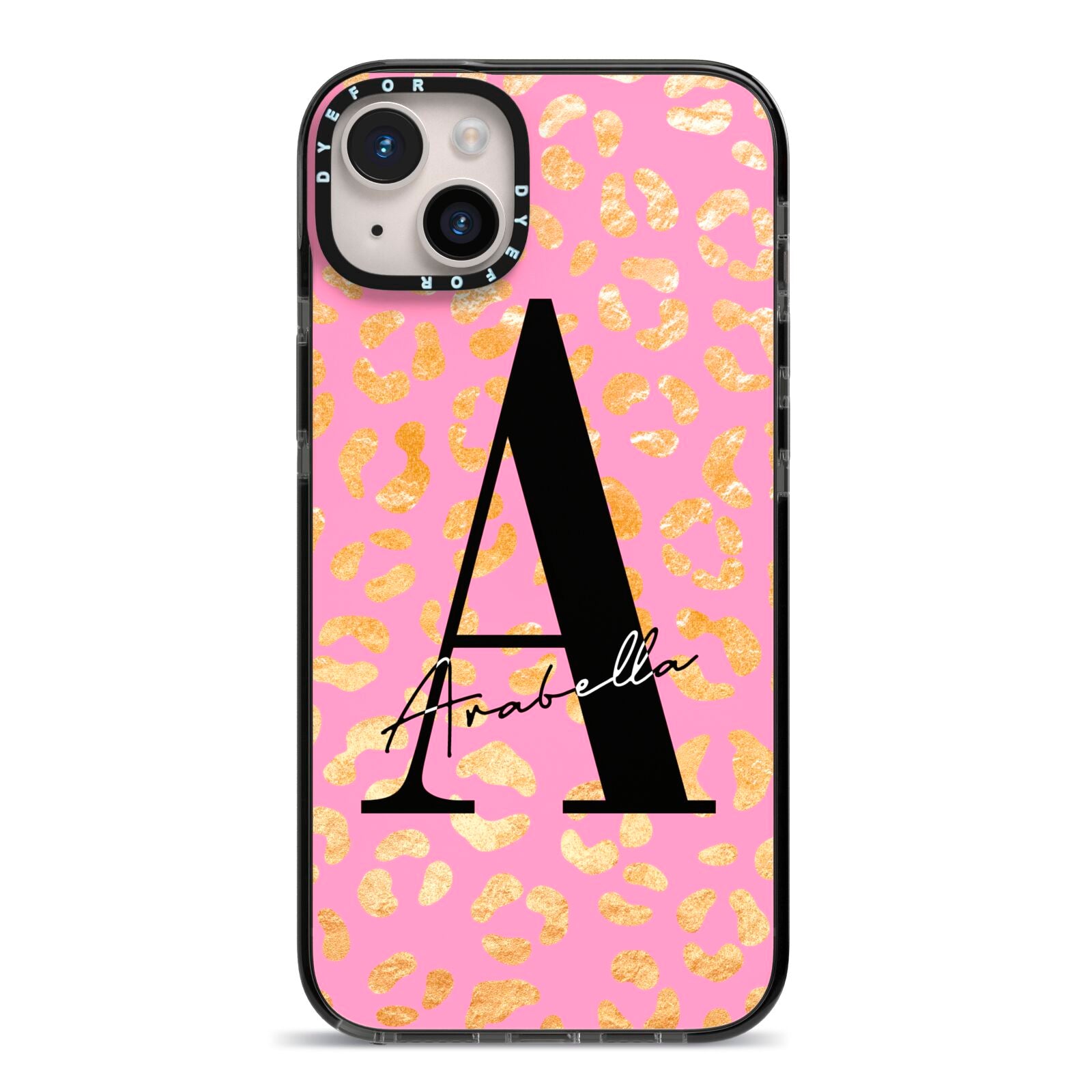 Personalised Pink Gold Leopard Print iPhone 14 Plus Black Impact Case on Silver phone