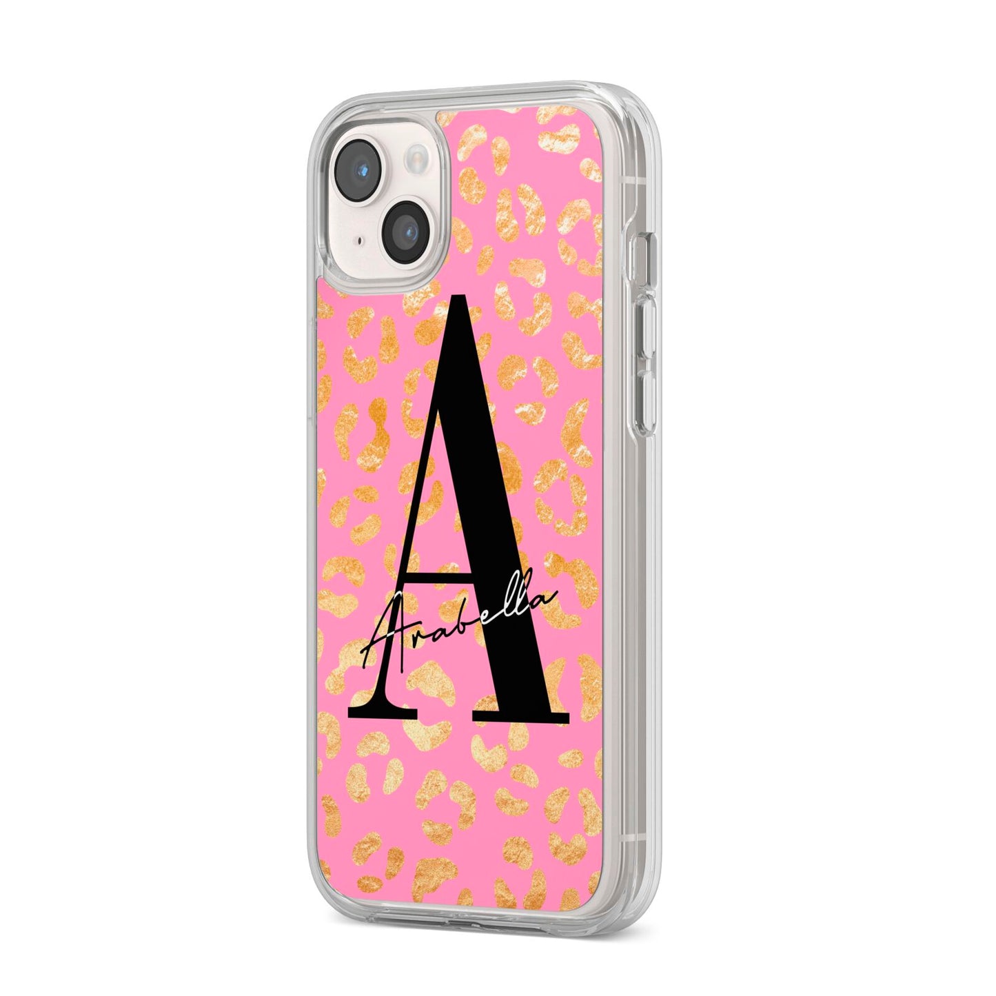 Personalised Pink Gold Leopard Print iPhone 14 Plus Clear Tough Case Starlight Angled Image