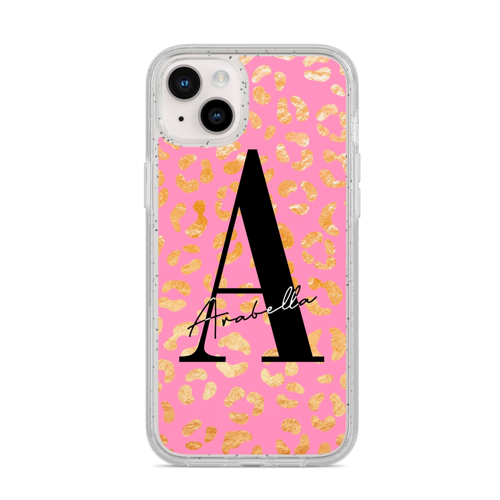 Personalised Pink Gold Leopard Print iPhone 14 Plus Glitter Tough Case Starlight
