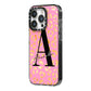 Personalised Pink Gold Leopard Print iPhone 14 Pro Black Impact Case Side Angle on Silver phone