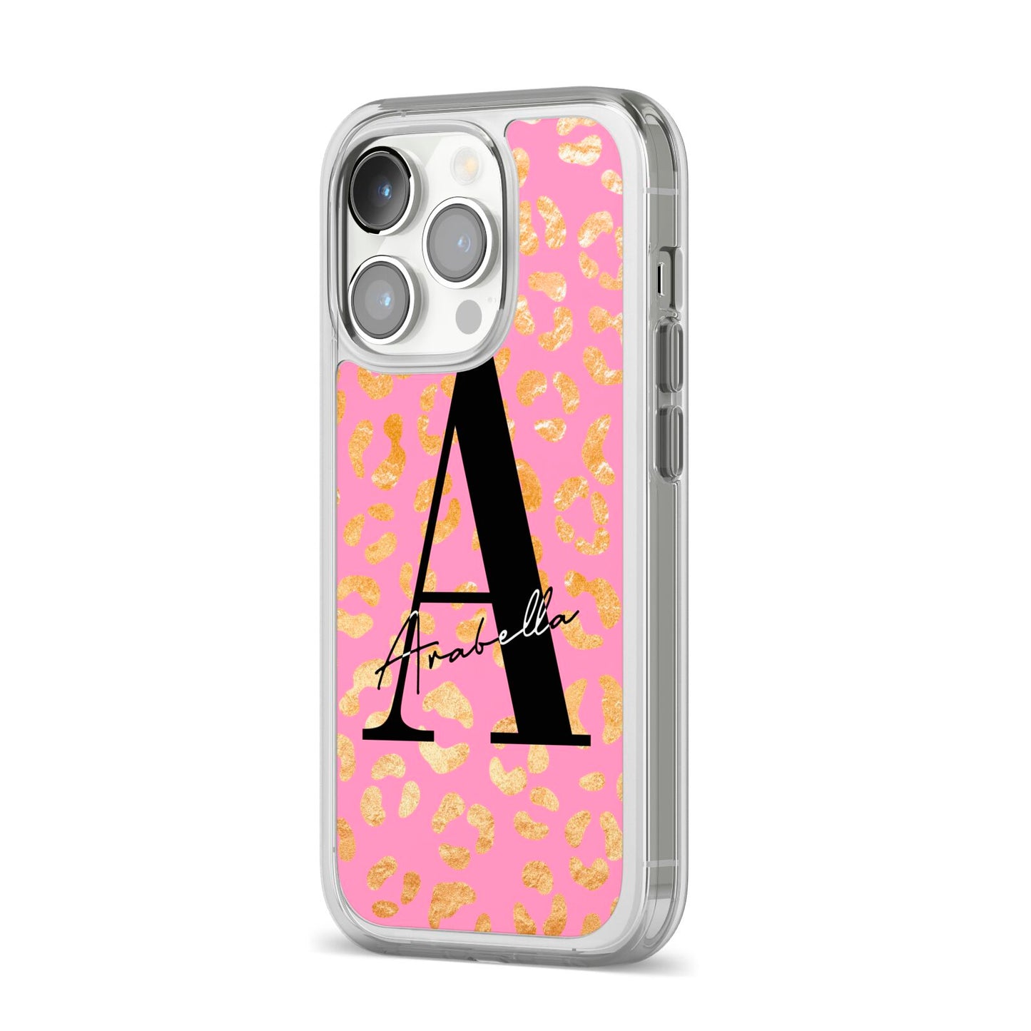 Personalised Pink Gold Leopard Print iPhone 14 Pro Clear Tough Case Silver Angled Image