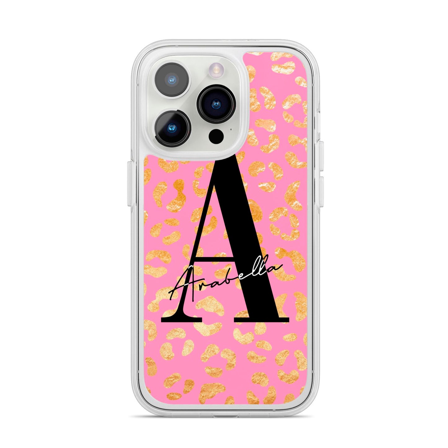 Personalised Pink Gold Leopard Print iPhone 14 Pro Clear Tough Case Silver