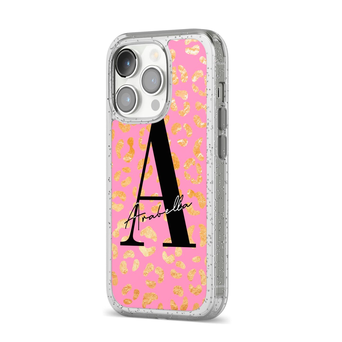 Personalised Pink Gold Leopard Print iPhone 14 Pro Glitter Tough Case Silver Angled Image