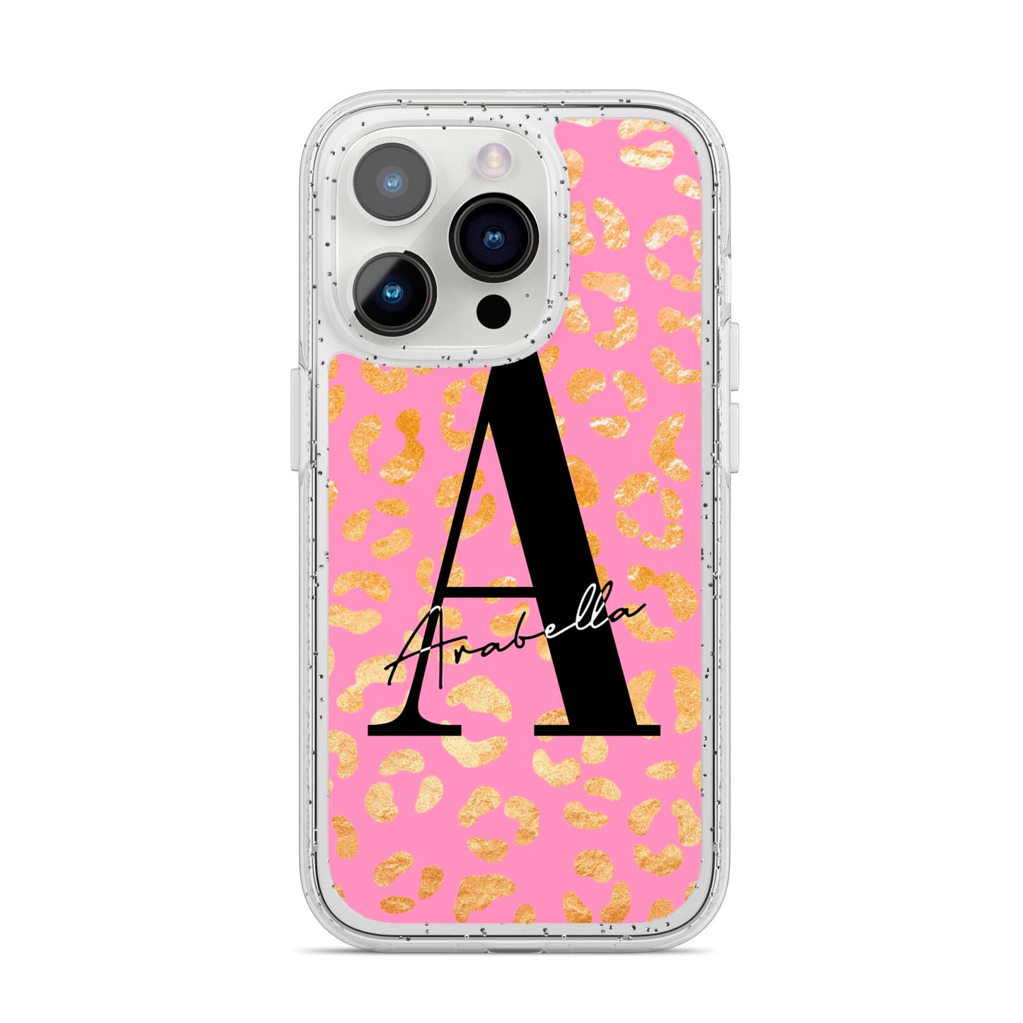 Personalised Pink Gold Leopard Print iPhone 14 Pro Glitter Tough Case Silver