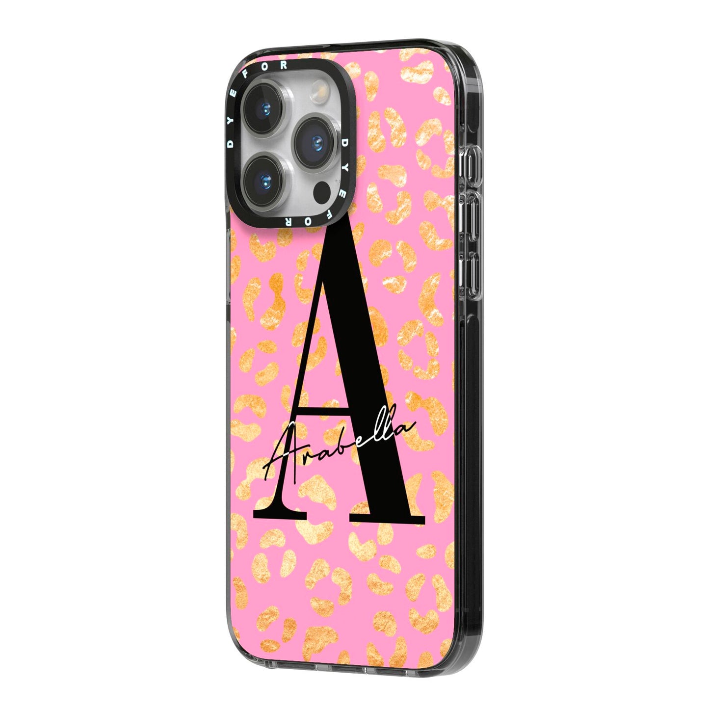 Personalised Pink Gold Leopard Print iPhone 14 Pro Max Black Impact Case Side Angle on Silver phone